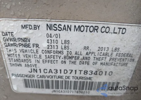 2001 Nissan Maxima Se из США, поврежденный, VIN JN1CA31D71T834010